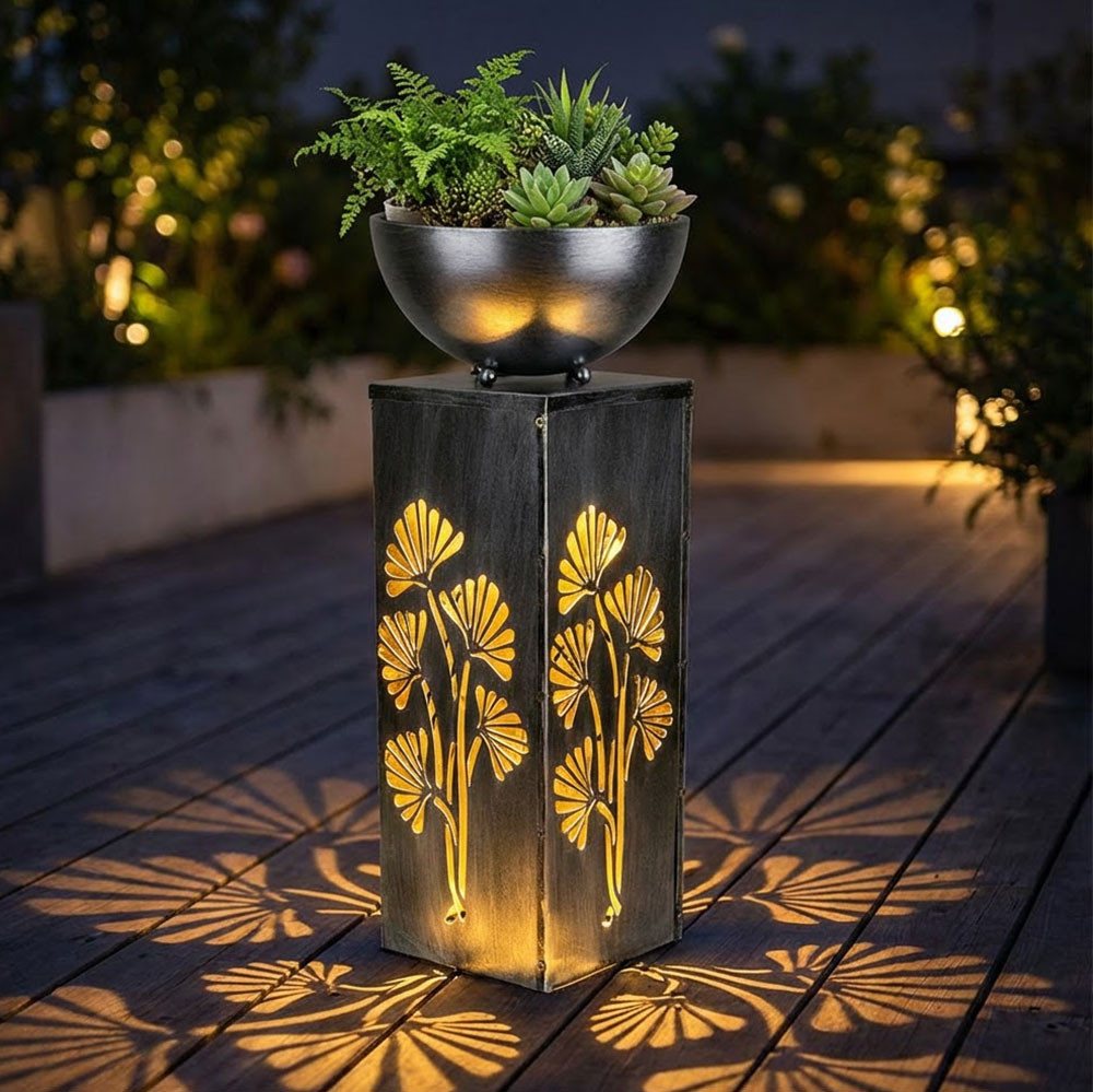 Haushalt International LED Solarleuchte, LED-Leuchtmittel fest verbaut, Warmweiß, Solarleuchte Pflanzschale Außenlampe LED Blumentopf Lichteffekt silber – Bild 5 von 5