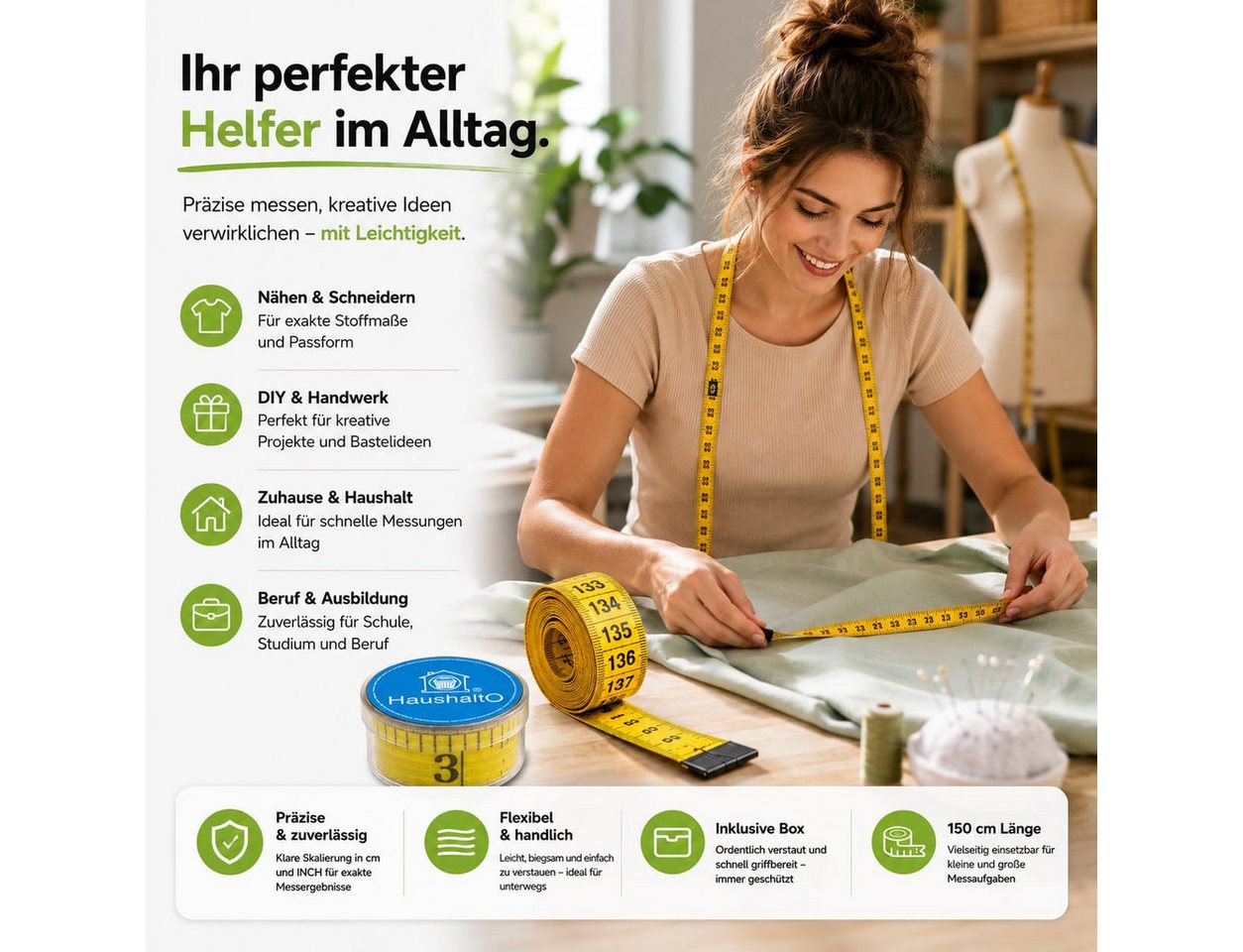 HaushaltO Maßband Schneidermaßband, 150 cm, mit Zentimeter- und Zollskala sowie Box – Bild 2 von 5