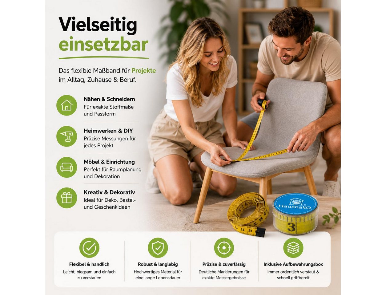 HaushaltO Maßband Schneidermaßband, 150 cm, mit Zentimeter- und Zollskala sowie Box – Bild 4 von 5