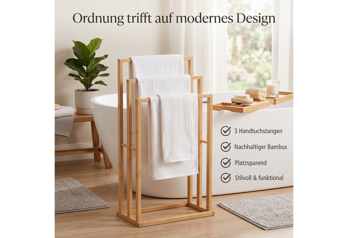 hausleben Handtuchhalter Handtuchhalter Bambus, 3 Handtuchstangen, Freistehender 42×24×77 cm, Freistehend, 42×24×77 cm – Bild 5 von 5