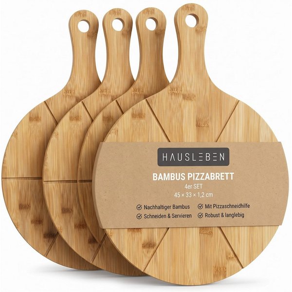 hausleben Pizzaschneidebrett Pizzabrett - Rundes Schneidebrett mit Griff und Schneiderillen, Bambus Pizzabrett, (Holz Pizzateller für Flammkuchen, 4-St., 2 Serv