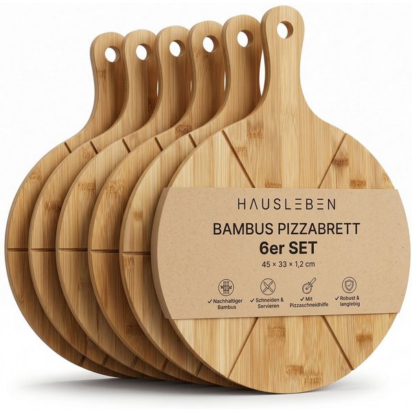 hausleben Pizzaschneidebrett Pizzabrett - Rundes Schneidebrett mit Griff und Schneiderillen, Bambus Pizzabrett, (Holz Pizzateller für Flammkuchen, 6-St., 2 Serv