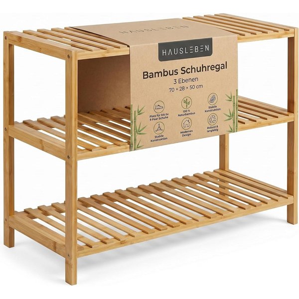 hausleben Schuhregal Bambus Schuhregal, 3 Ebenen, 70x28x50 cm, Naturholz Standregal, Einzelartikel 1-tlg., Umweltfreundlich & Stabil, Leicht zu Reinigen