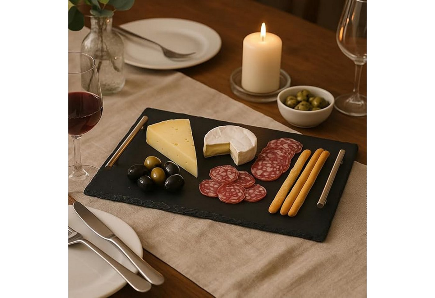hausleben Servierplatte Schiefer Servierplatte mit Edelstahlgriffen 40 × 30 cm, Schiefer, (Einzelartikel, 1-tlg., 1 Servierplatte mit 2 Edelstahlgriffen), Servi – Bild 2 von 5