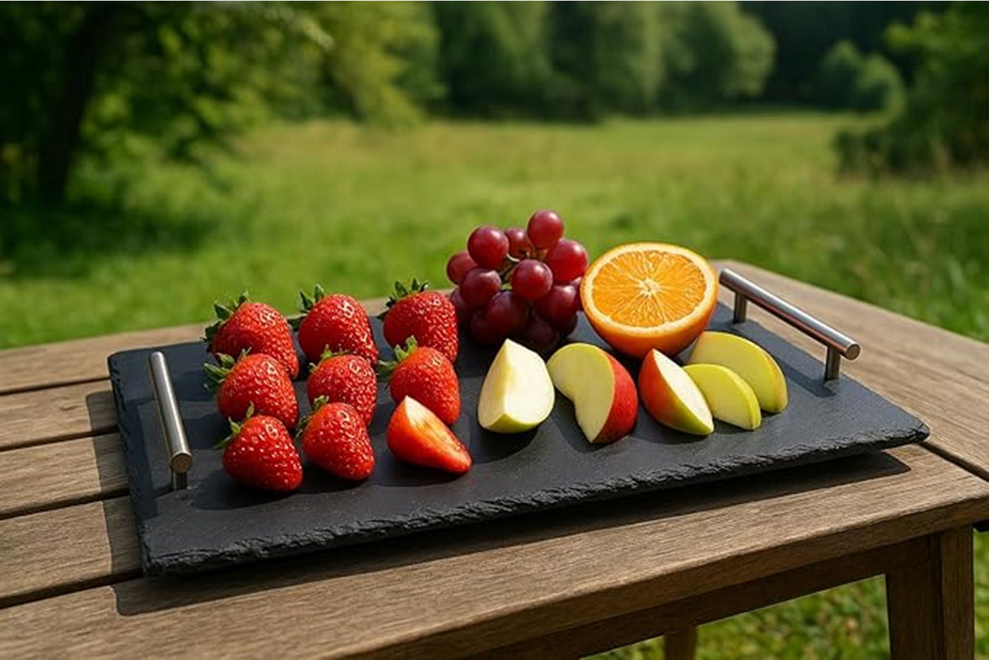 hausleben Servierplatte Schiefer Servierplatte mit Edelstahlgriffen 40 × 30 cm, Schiefer, (Einzelartikel, 1-tlg., 1 Servierplatte mit 2 Edelstahlgriffen), Servi – Bild 4 von 5