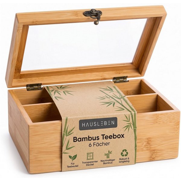hausleben Teebox Teebox Bambus mit transparentem Deckel – 6 Fächer, 21x16x7,5cm, Bambus mit Deckel aus Kunststoff, (Packung, 1-tlg., 1-teilig — Teebox mit 6 Fäc