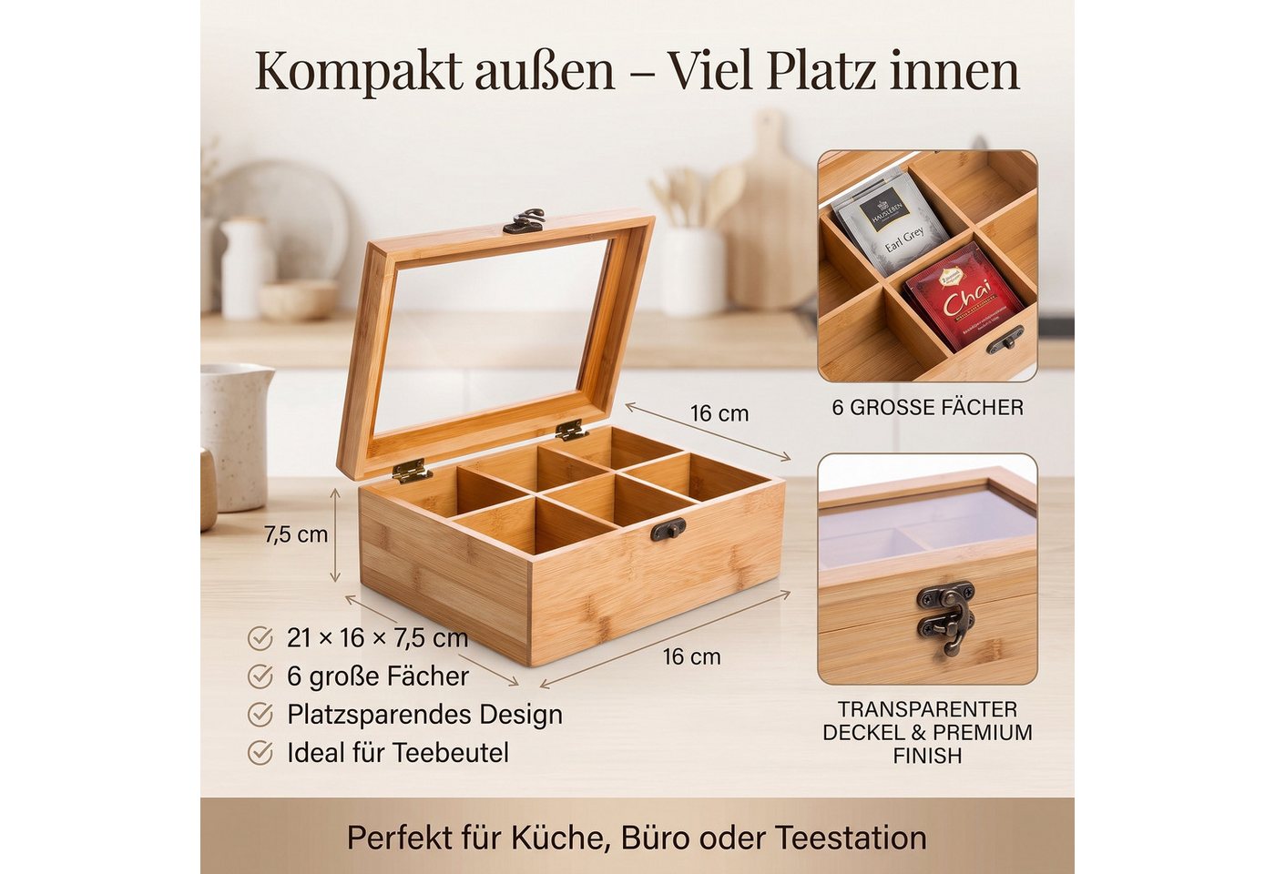 hausleben Teebox Teebox Bambus mit transparentem Deckel – 6 Fächer, 21x16x7,5cm, Bambus mit Deckel aus Kunststoff, (Packung, 1-tlg., 1-teilig — Teebox mit 6 Fäc – Bild 2 von 5