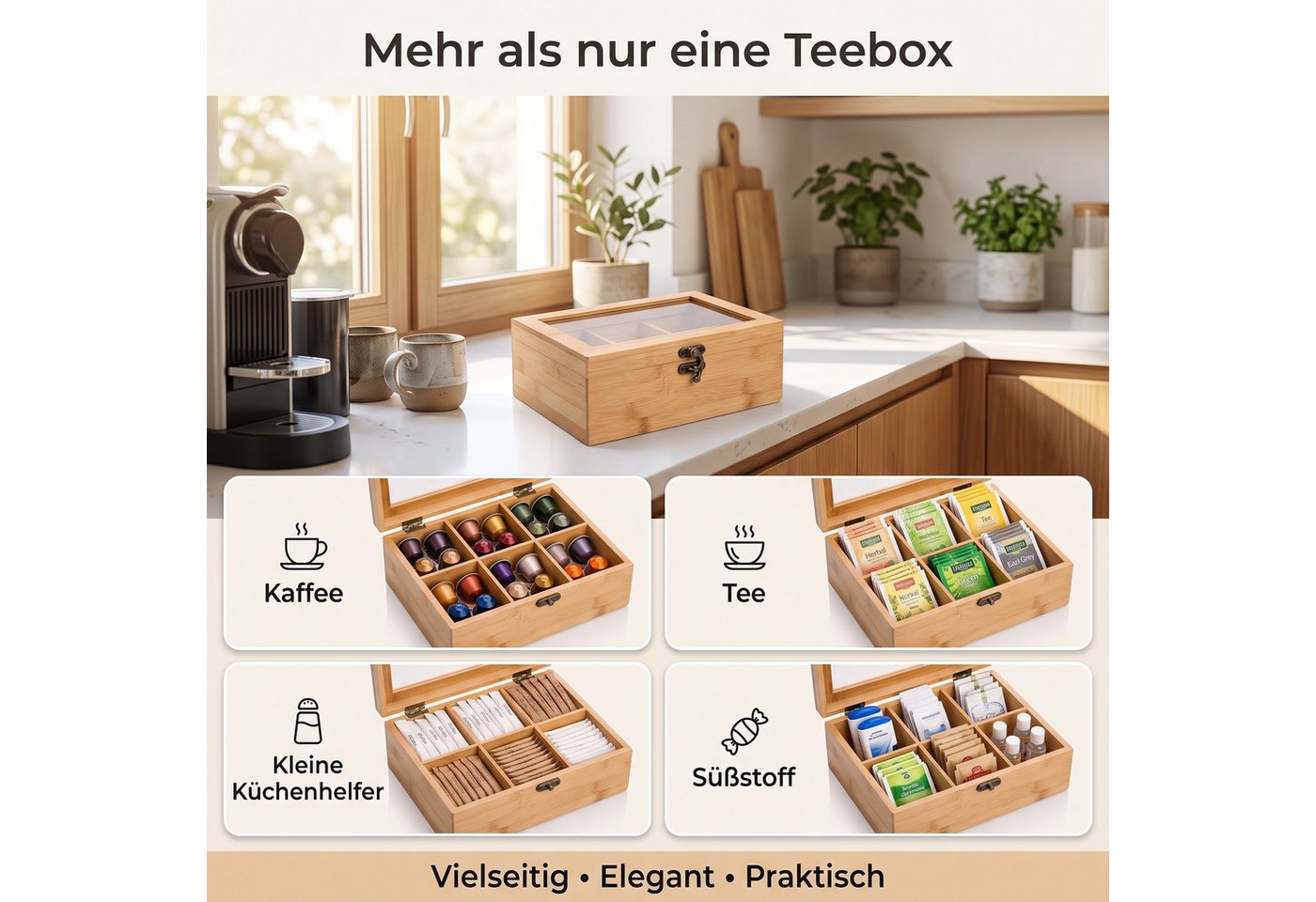 hausleben Teebox Teebox Bambus mit transparentem Deckel – 6 Fächer, 21x16x7,5cm, Bambus mit Deckel aus Kunststoff, (Packung, 1-tlg., 1-teilig — Teebox mit 6 Fäc – Bild 3 von 5