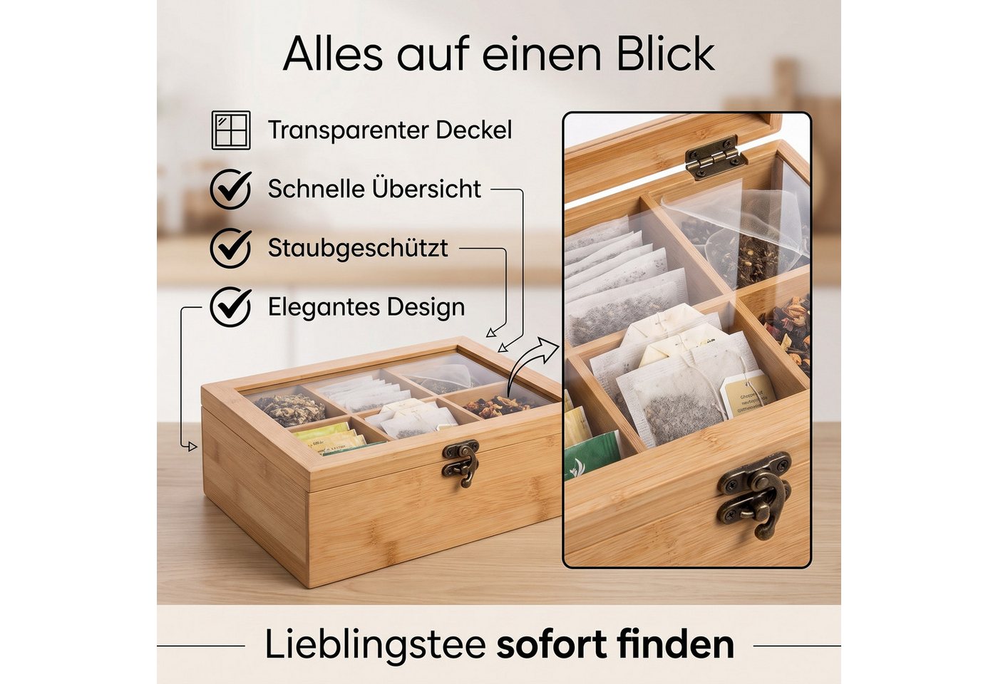 hausleben Teebox Teebox Bambus mit transparentem Deckel – 6 Fächer, 21x16x7,5cm, Bambus mit Deckel aus Kunststoff, (Packung, 1-tlg., 1-teilig — Teebox mit 6 Fäc – Bild 4 von 5
