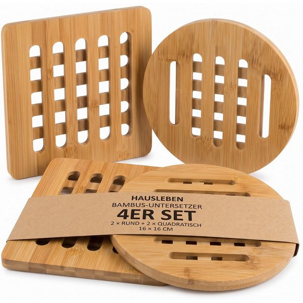 hausleben Topfuntersetzer Bambus-Untersetzer 4er Set 16x16 cm, eckig & rund, Zubehör für Töpfe, Pfannen, Teekannen, Auflaufformen, Set, 4-tlg., 16L x 16B x 1D c