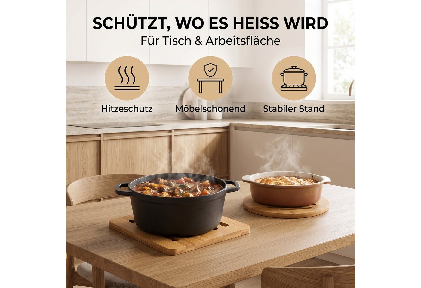 hausleben Topfuntersetzer Bambus-Untersetzer 4er Set 16x16 cm, eckig & rund, Zubehör für Töpfe, Pfannen, Teekannen, Auflaufformen, Set, 4-tlg., 16L x 16B x 1D c – Bild 2 von 5