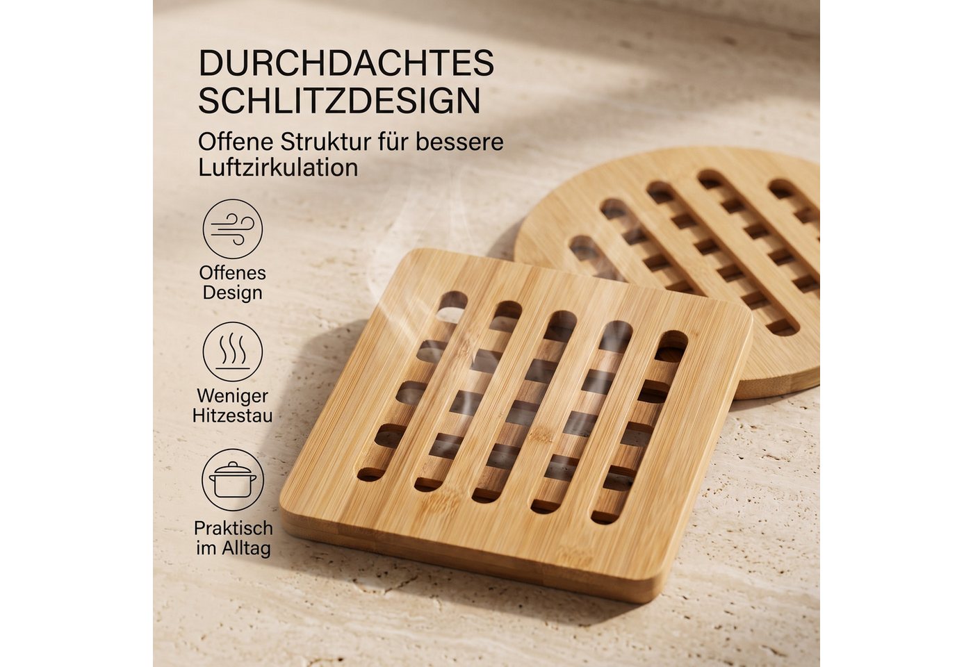 hausleben Topfuntersetzer Bambus-Untersetzer 4er Set 16x16 cm, eckig & rund, Zubehör für Töpfe, Pfannen, Teekannen, Auflaufformen, Set, 4-tlg., 16L x 16B x 1D c – Bild 3 von 5