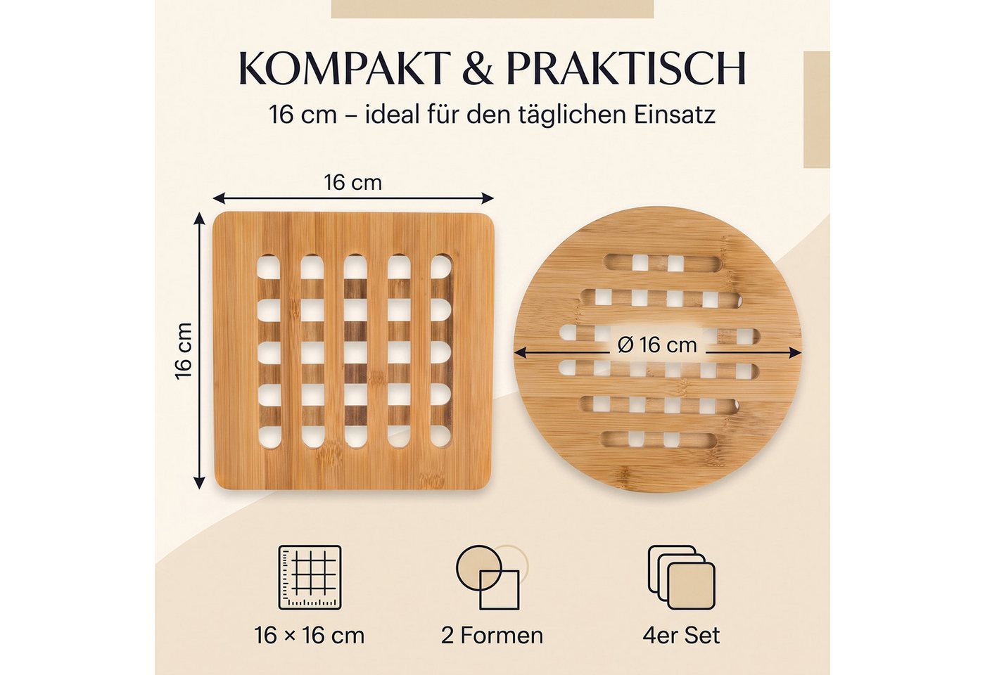 hausleben Topfuntersetzer Bambus-Untersetzer 4er Set 16x16 cm, eckig & rund, Zubehör für Töpfe, Pfannen, Teekannen, Auflaufformen, Set, 4-tlg., 16L x 16B x 1D c – Bild 4 von 5