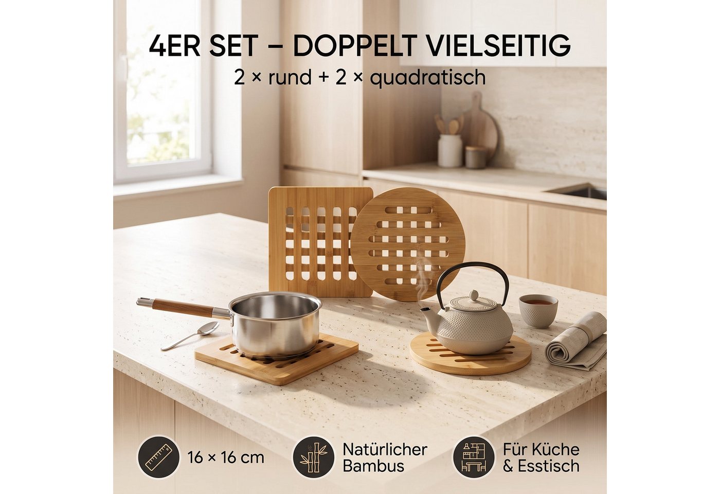hausleben Topfuntersetzer Bambus-Untersetzer 4er Set 16x16 cm, eckig & rund, Zubehör für Töpfe, Pfannen, Teekannen, Auflaufformen, Set, 4-tlg., 16L x 16B x 1D c – Bild 5 von 5