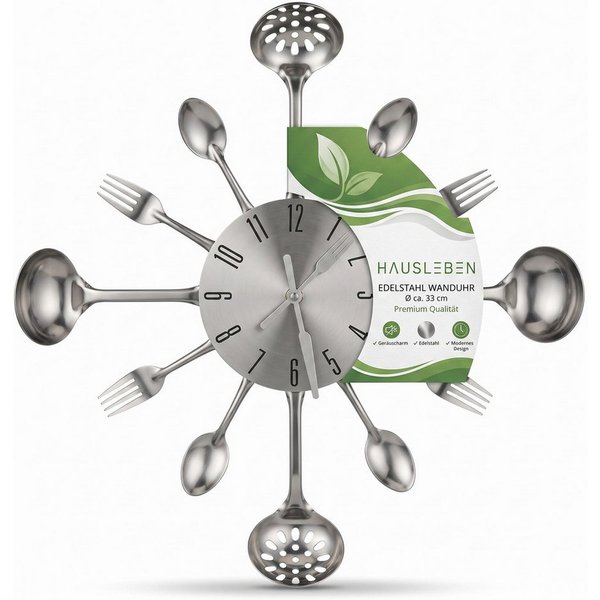 hausleben Wanduhr Wanduhr Küche 35 cm, Edelstahl Küchenuhr mit Besteck Design (Stille Uhr, Besteck-Design, Wandmontage, Analoges Zifferblatt)