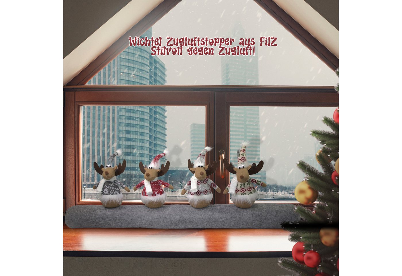 hausleben Zugluftstopper für Türen mit 5 Wichteln oder mit 4 Elchen– 90 cm lang, 25 cm hohe Wichtel, Filz, Türdichtung,Weihnachtsdesign – Bild 2 von 4
