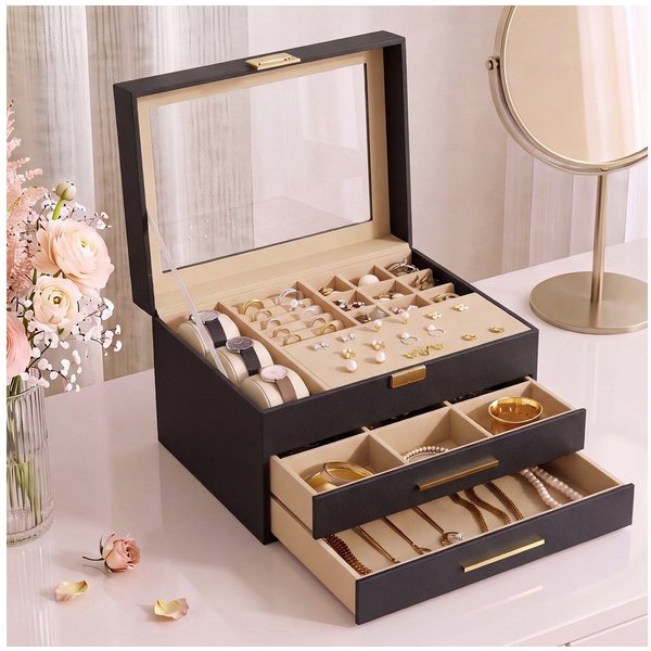 Hausright Schmuckkasten 3 Ebenen Schmuckbox mit Glasdeckel, 2 Schubladen (Schmuckschatulle)