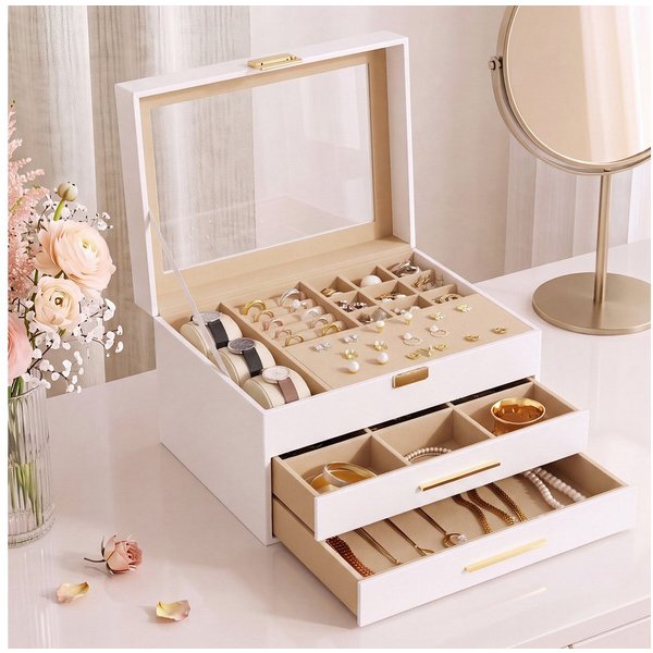 Hausright Schmuckkasten 3 Ebenen Schmuckbox mit Glasdeckel, 2 Schubladen (Schmuckschatulle)