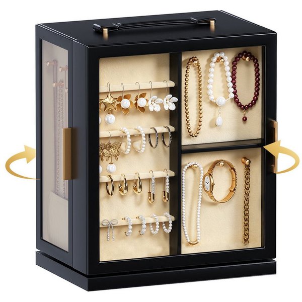 Hausright Schmuckkasten mit 5 Schubladen, 360° drehbarer Schmuckaufbewahrung Glasfront, 10 Bereichen, für Halsketten, Ringe, Armbänder, Ohrringe, Uhren