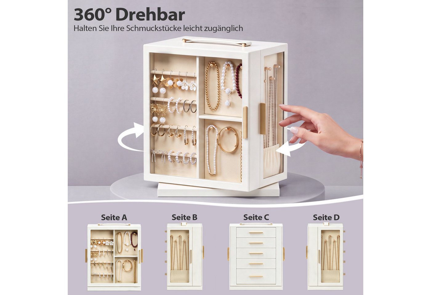 Hausright Schmuckkasten mit 5 Schubladen, 360° drehbarer Schmuckaufbewahrung Glasfront, 10 Bereichen, für Halsketten, Ringe, Armbänder, Ohrringe, Uhren – Bild 2 von 5