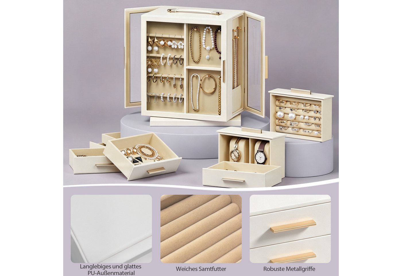 Hausright Schmuckkasten mit 5 Schubladen, 360° drehbarer Schmuckaufbewahrung Glasfront, 10 Bereichen, für Halsketten, Ringe, Armbänder, Ohrringe, Uhren – Bild 3 von 5