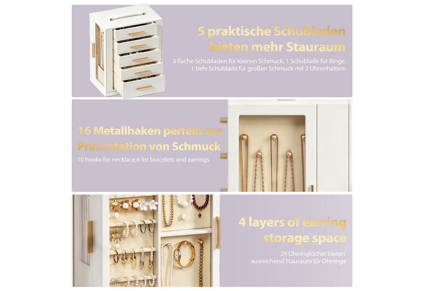 Hausright Schmuckkasten mit 5 Schubladen, 360° drehbarer Schmuckaufbewahrung Glasfront, 10 Bereichen, für Halsketten, Ringe, Armbänder, Ohrringe, Uhren – Bild 4 von 5