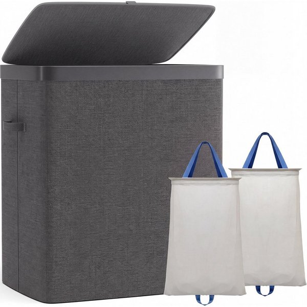 Hausright Wäschekorb 100L mit Deckel, 2 Fächer, herausnehmbare Wäschesäcke, faltbar, 56 × 40 × 67 cm, Farbtrennung, Tragegriffe, einfache Montage