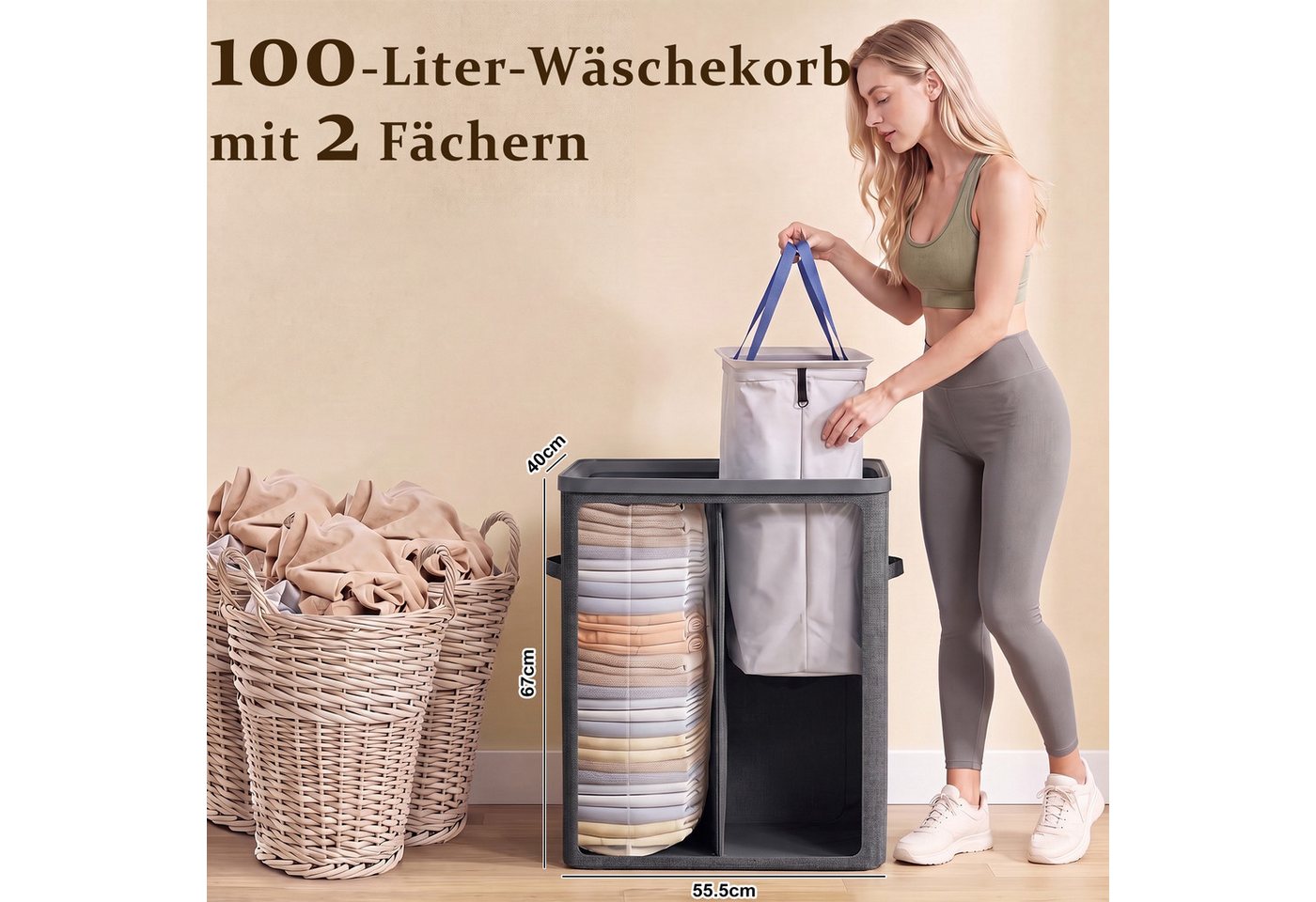 Hausright Wäschekorb 100L mit Deckel, 2 Fächer, herausnehmbare Wäschesäcke, faltbar, 56 × 40 × 67 cm, Farbtrennung, Tragegriffe, einfache Montage – Bild 2 von 5