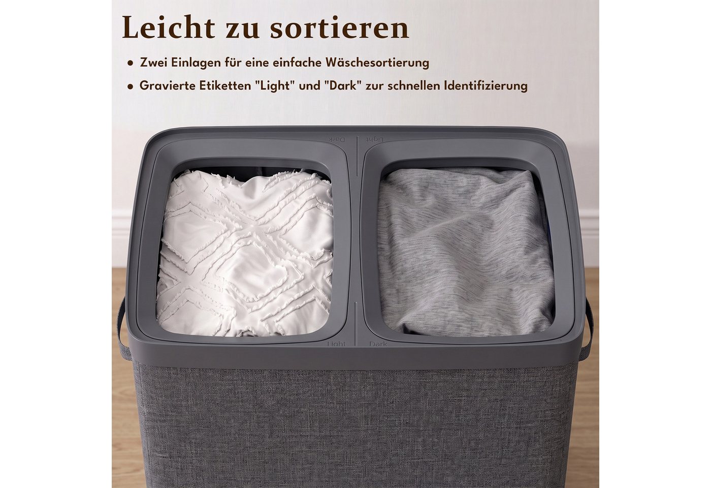Hausright Wäschekorb 100L mit Deckel, 2 Fächer, herausnehmbare Wäschesäcke, faltbar, 56 × 40 × 67 cm, Farbtrennung, Tragegriffe, einfache Montage – Bild 3 von 5