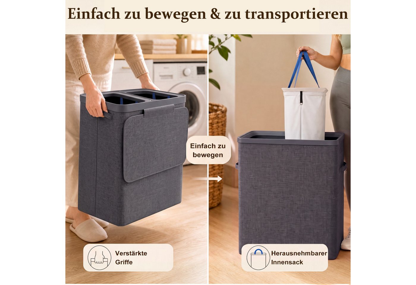Hausright Wäschekorb 100L mit Deckel, 2 Fächer, herausnehmbare Wäschesäcke, faltbar, 56 × 40 × 67 cm, Farbtrennung, Tragegriffe, einfache Montage – Bild 4 von 5