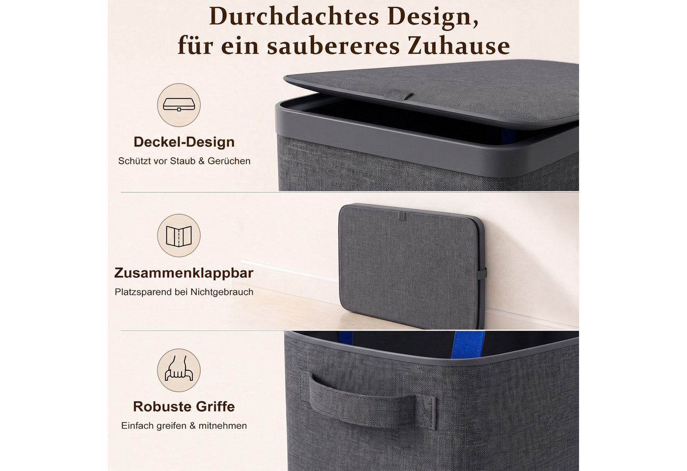 Hausright Wäschekorb 100L mit Deckel, 2 Fächer, herausnehmbare Wäschesäcke, faltbar, 56 × 40 × 67 cm, Farbtrennung, Tragegriffe, einfache Montage – Bild 5 von 5
