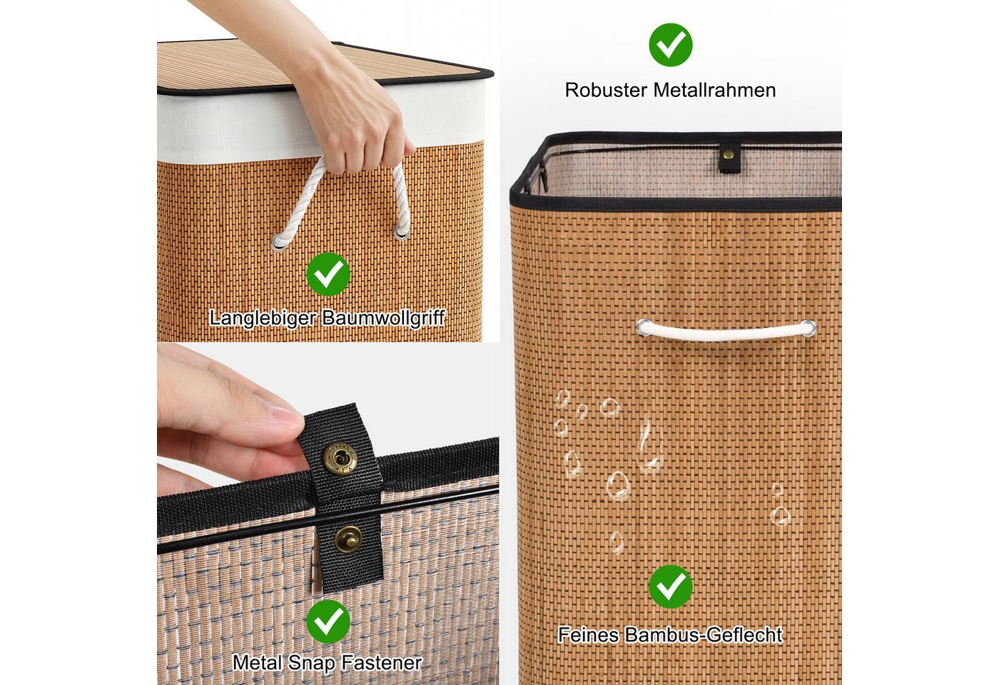 Hausright Wäschekorb 150L Wäschekorb mit Deckel & 3 Fächern, faltbar, Bambus-Optik, 150L, Faltbar, Gewebter Bambus – Bild 5 von 5