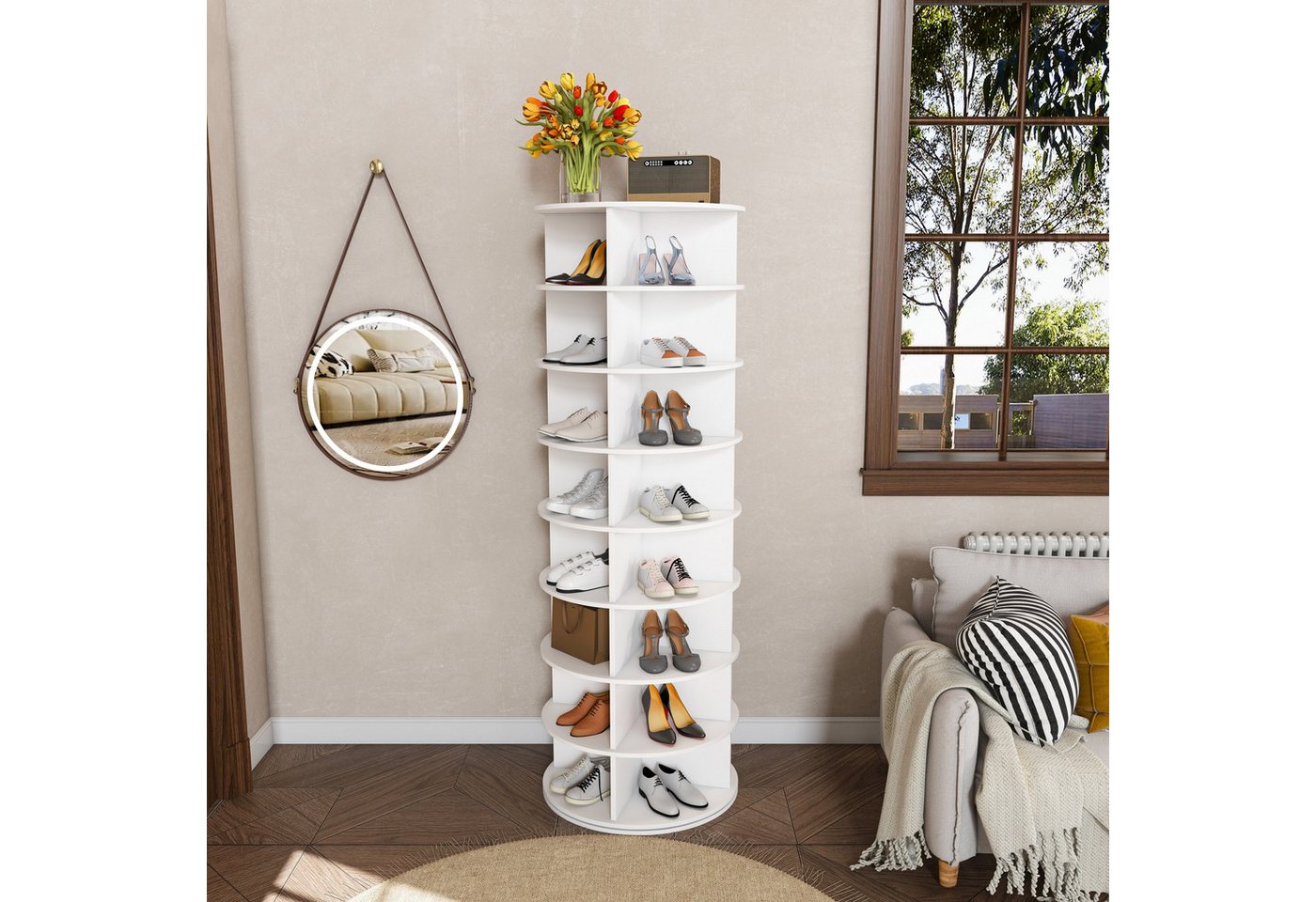HAUSS SPOLE Schuhregal 360°-drehbar,Schuhorganizer für 32 Paar Schuhe mit 8-Ebenen,Weiß, Drehbarer Schuhschrankturm mit mehr Stauraum, aus stabilem PVC-Kunststo – Bild 3 von 5