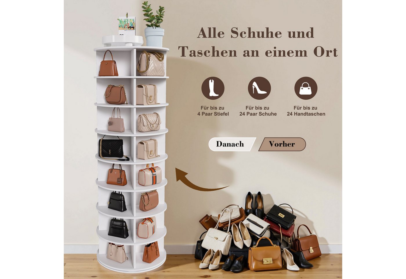 HAUSS SPOLE Schuhregal 360°-drehbar,Schuhorganizer für 32 Paar Schuhe mit 8-Ebenen,Weiß, Drehbarer Schuhschrankturm mit mehr Stauraum, aus stabilem PVC-Kunststo – Bild 4 von 5