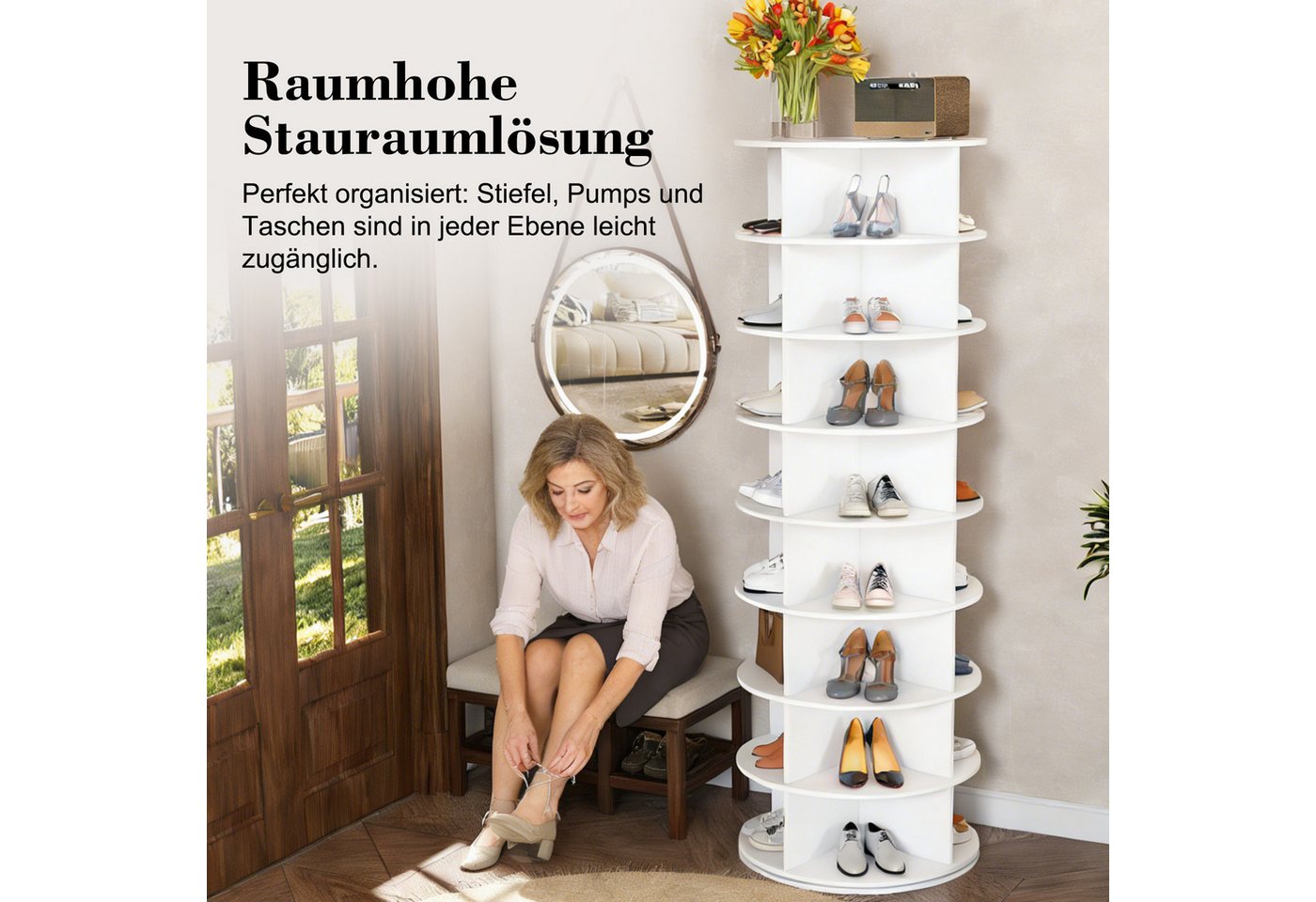 HAUSS SPOLE Schuhregal 360°-drehbar,Schuhorganizer für 32 Paar Schuhe mit 8-Ebenen,Weiß, Drehbarer Schuhschrankturm mit mehr Stauraum, aus stabilem PVC-Kunststo – Bild 5 von 5