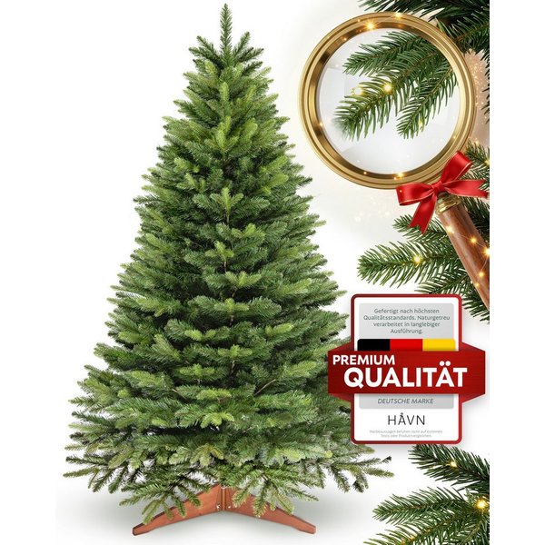 HAVN Künstlicher Weihnachtsbaum Nordlys, Tannenbaum in Nordmanntannen-Optik, mit Holzständer, Nordmanntanne, PE-Spritzguss-Spitzen, PVC-Zweige, Fadenwicklung, u