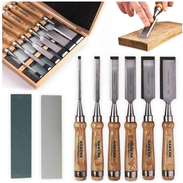 Hawerk Beitelsatz Stechbeitel Set Holz, 6 Beitel + 2 Abziehsteine + Koffer, (6-tlg)