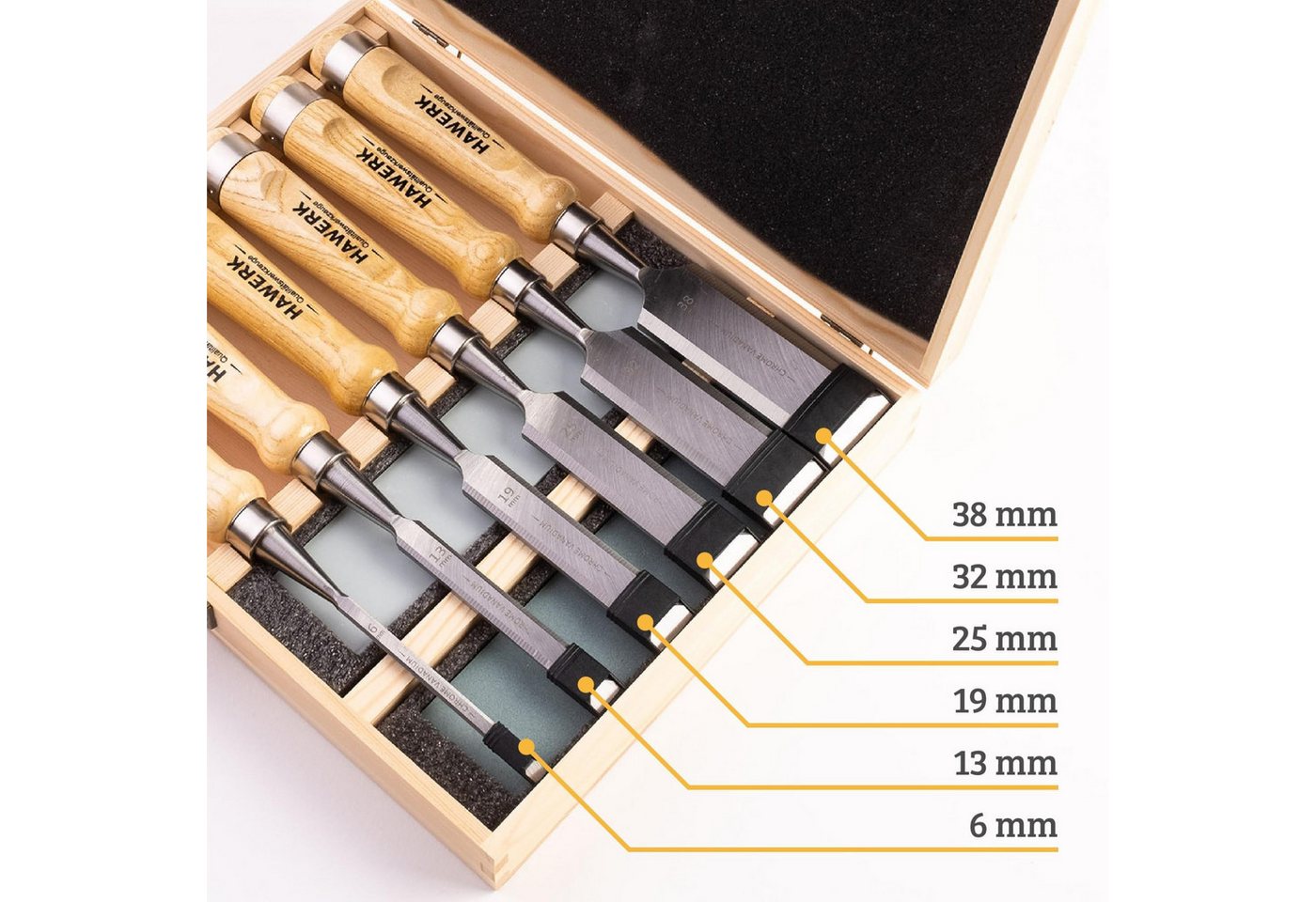 Hawerk Beitelsatz Stechbeitel Set Holz, 6 Beitel + 2 Abziehsteine + Koffer, (6-tlg) – Bild 2 von 5