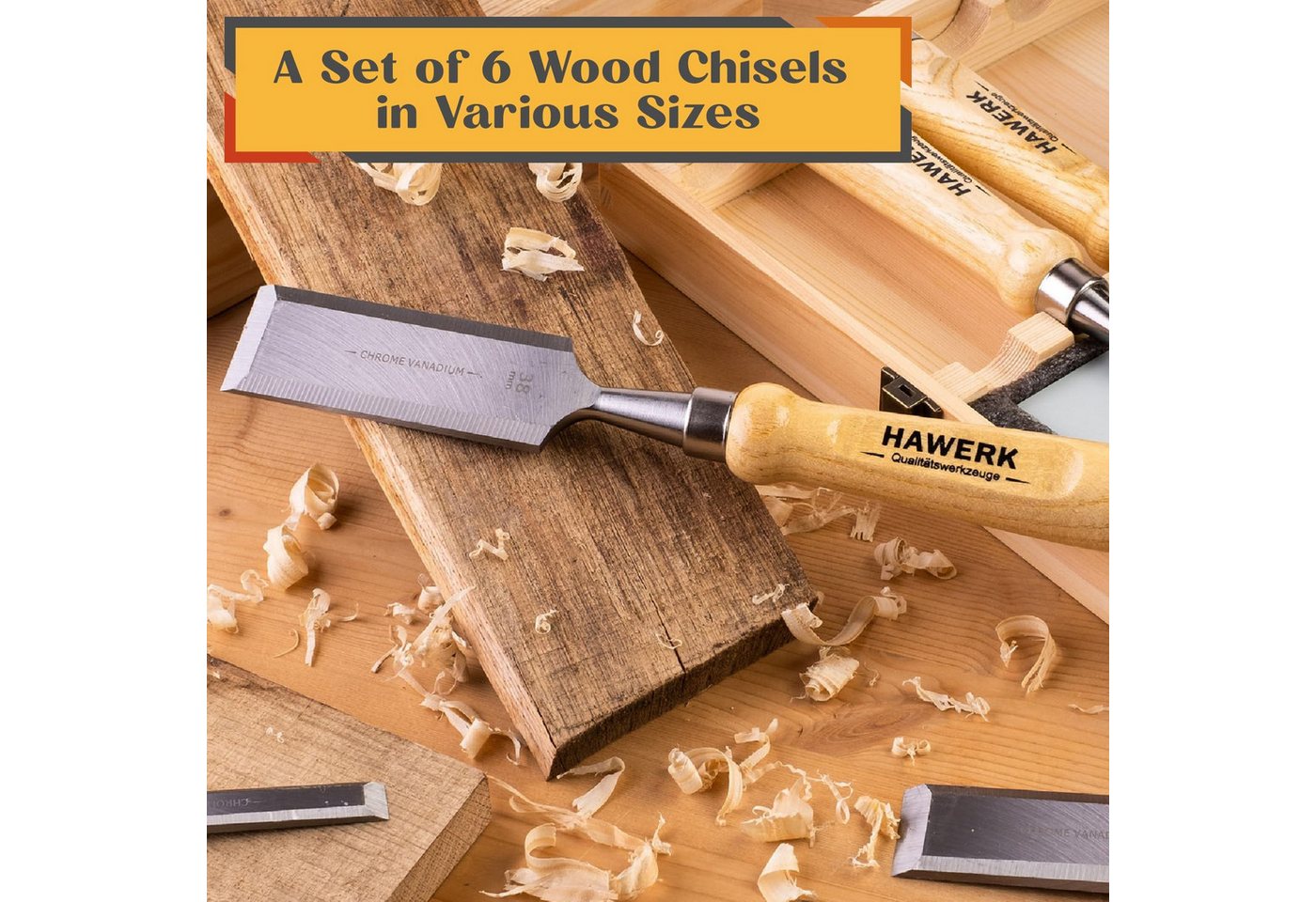Hawerk Beitelsatz Stechbeitel Set Holz, 6 Beitel + 2 Abziehsteine + Koffer, (6-tlg) – Bild 4 von 5