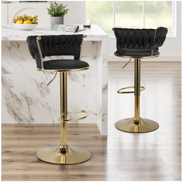 HawthyHome Barhocker Barstuhl mit Rückenlehne und Fußstütze höhenverstellbar drehbar (2 St), mit goldener Metallbasis, Schwarz