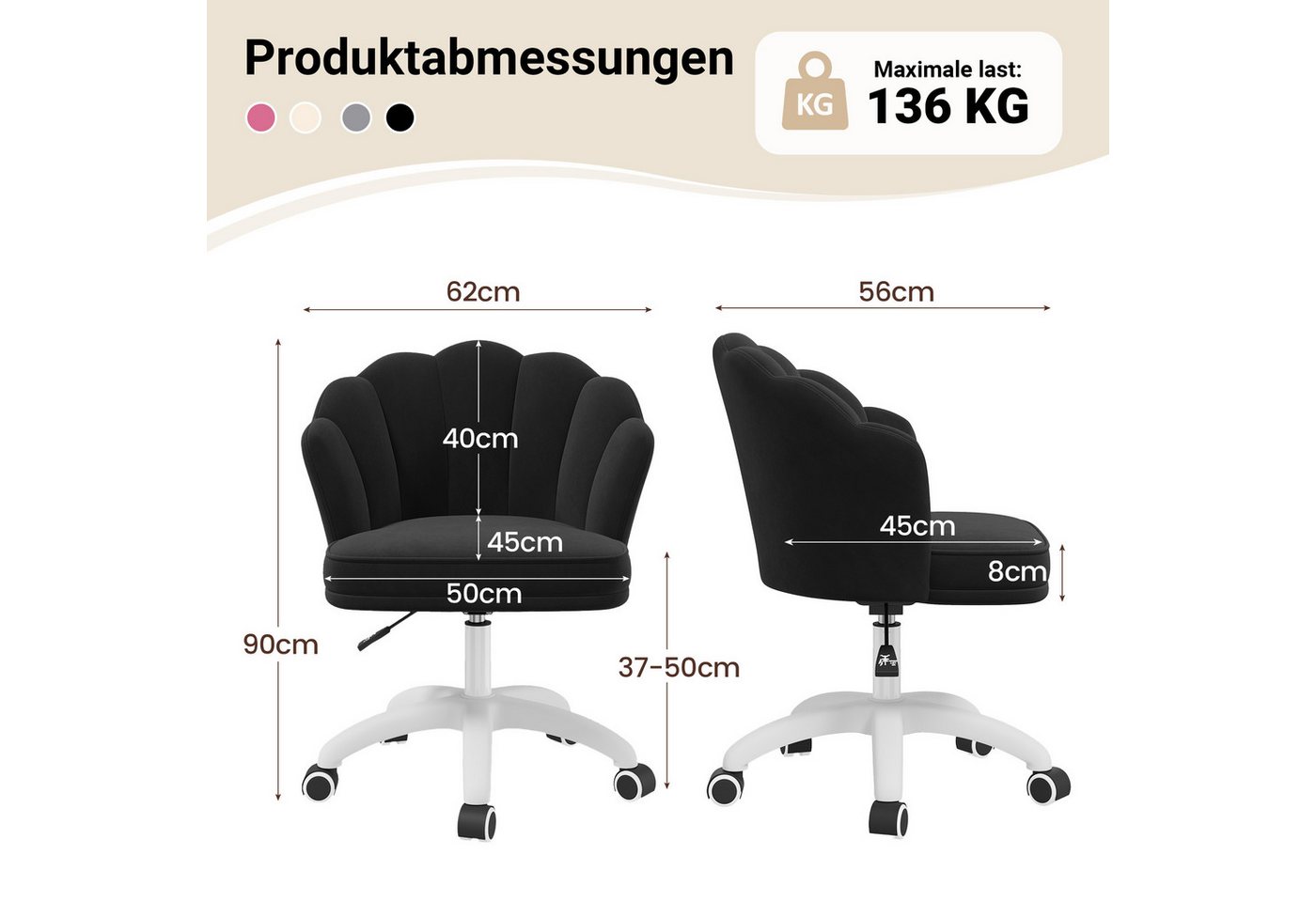 HawthyHome Bürostuhl mit Kissen, Samt-Polsterstuhl, 360° drehbarer, Beige (1 St), 360° drehbare Rollen – Bild 2 von 5