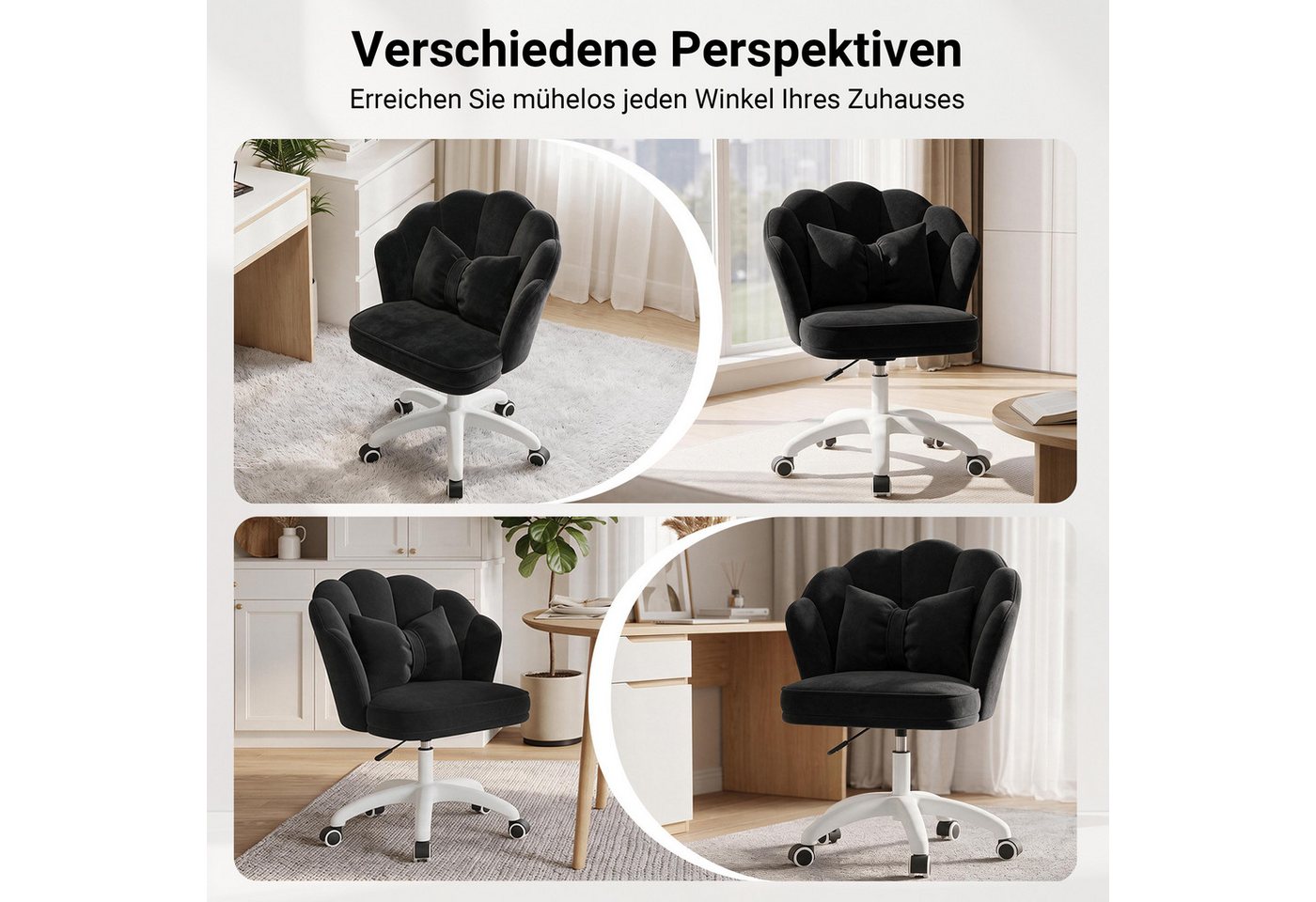 HawthyHome Bürostuhl mit Kissen, Samt-Polsterstuhl, 360° drehbarer, Beige (1 St), 360° drehbare Rollen – Bild 3 von 5