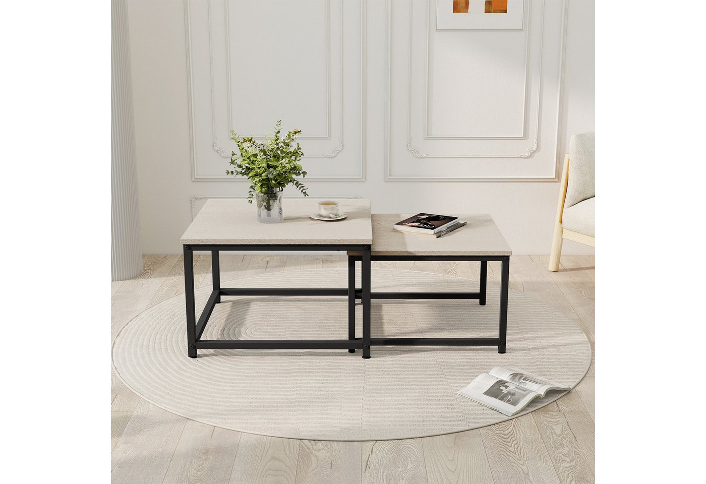 HawthyHome Couchtisch 2er-Set quadratischer Wohnzimmertisch aus Holz mit Metallgestell (2-St), moderner Beistelltisch für Wohnzimmer und Schlafzimmer, platzspar – Bild 3 von 5