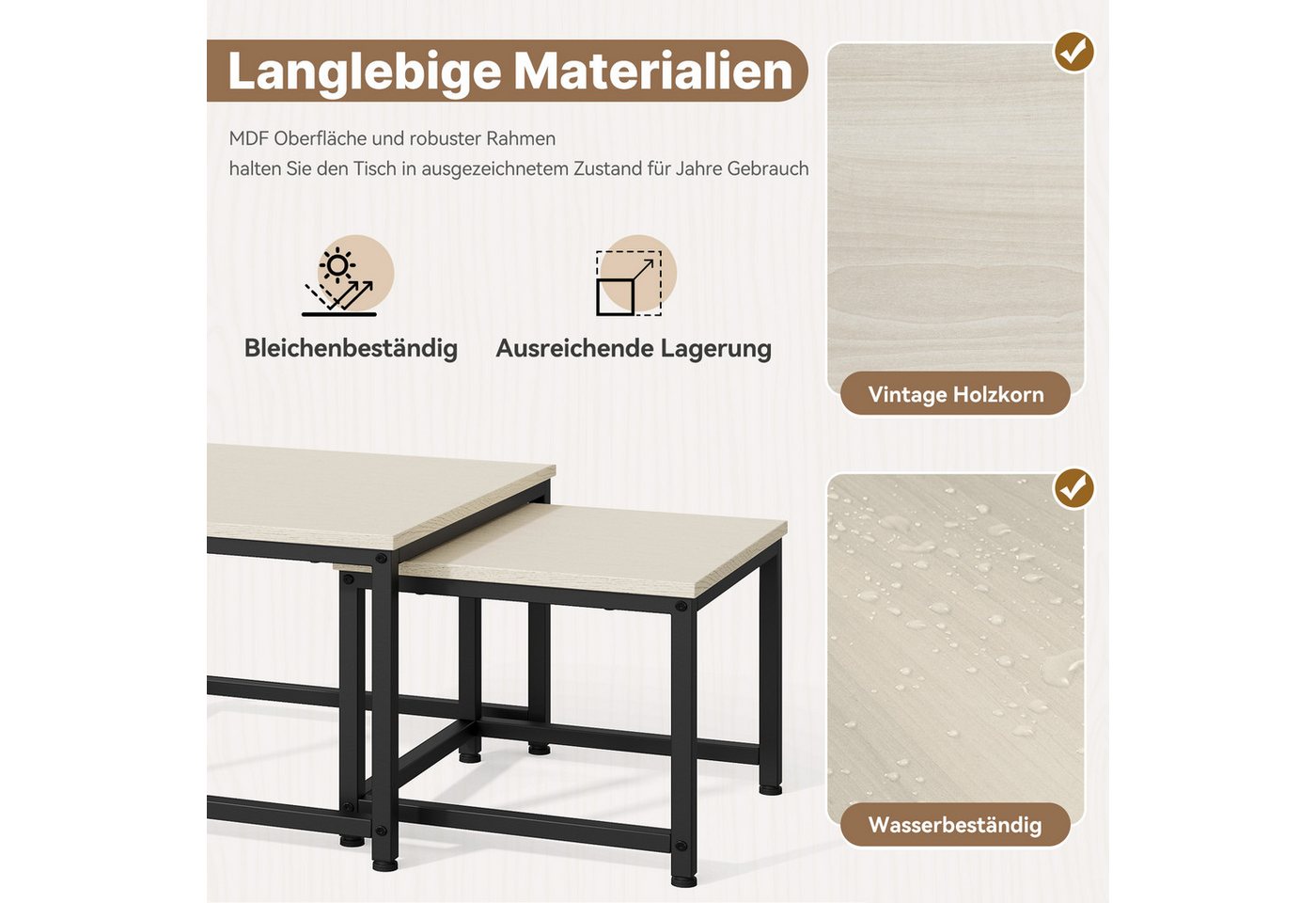HawthyHome Couchtisch 2er-Set quadratischer Wohnzimmertisch aus Holz mit Metallgestell (2-St), moderner Beistelltisch für Wohnzimmer und Schlafzimmer, platzspar – Bild 4 von 5