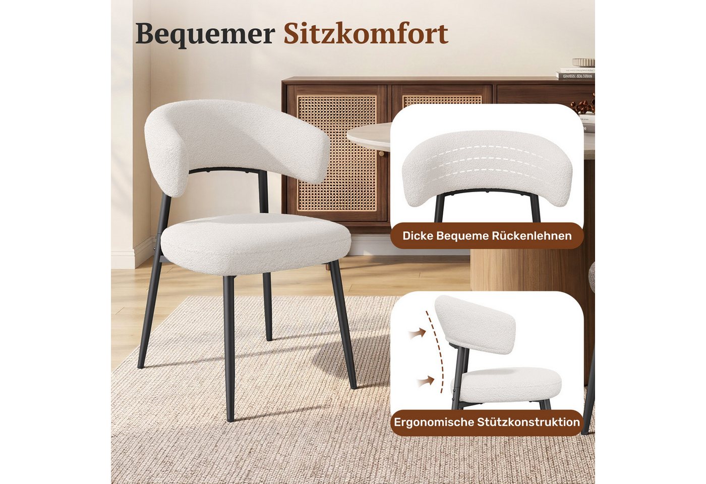 HawthyHome Esszimmerstuhl mit Bouclé-Bezug, geschwungener Rückenlehne & Metallbeinen, 2er Set (4 St), Ergonomisches Design, Bodenschutz & Standsicherheit – Bild 5 von 5
