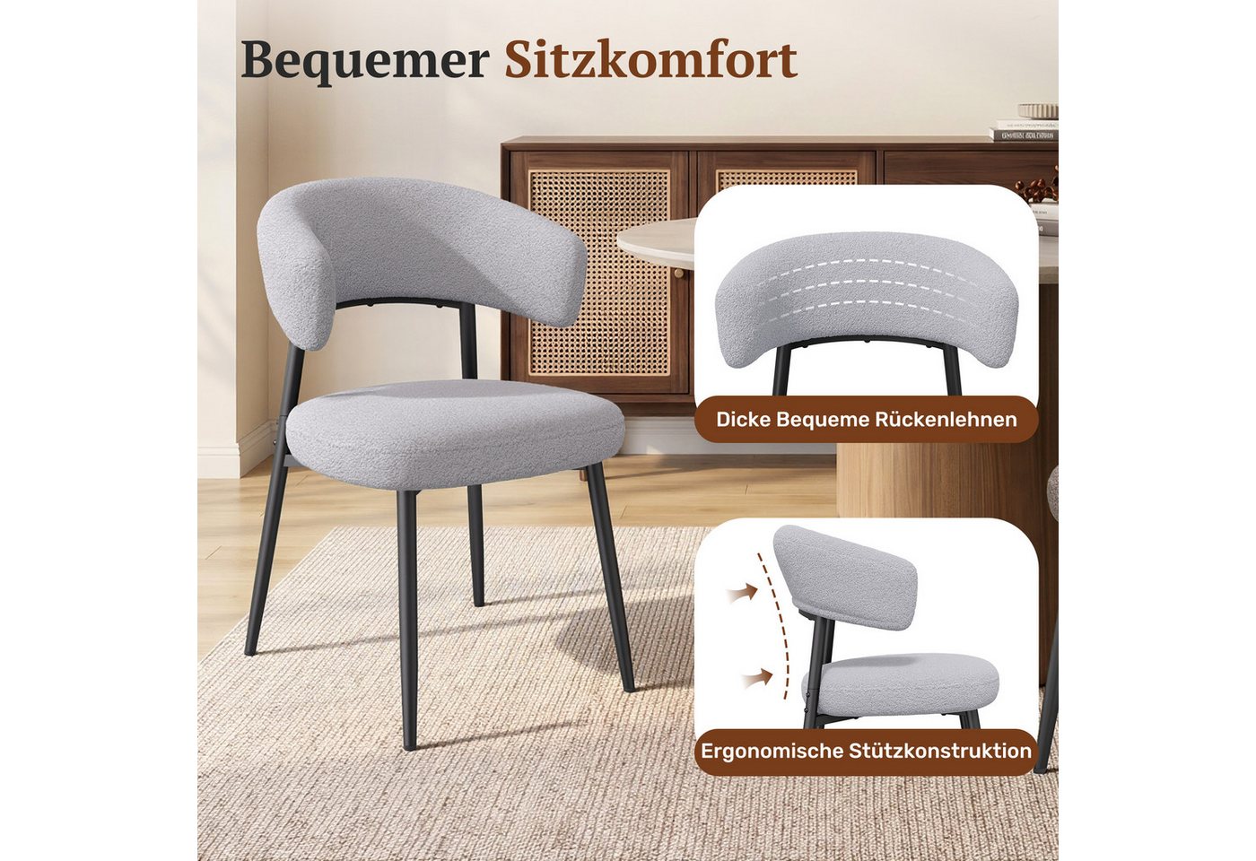 HawthyHome Esszimmerstuhl mit Bouclé-Bezug, geschwungener Rückenlehne & Metallbeinen, 2er Set (4 St), Ergonomisches Design, Bodenschutz & Standsicherheit – Bild 5 von 5