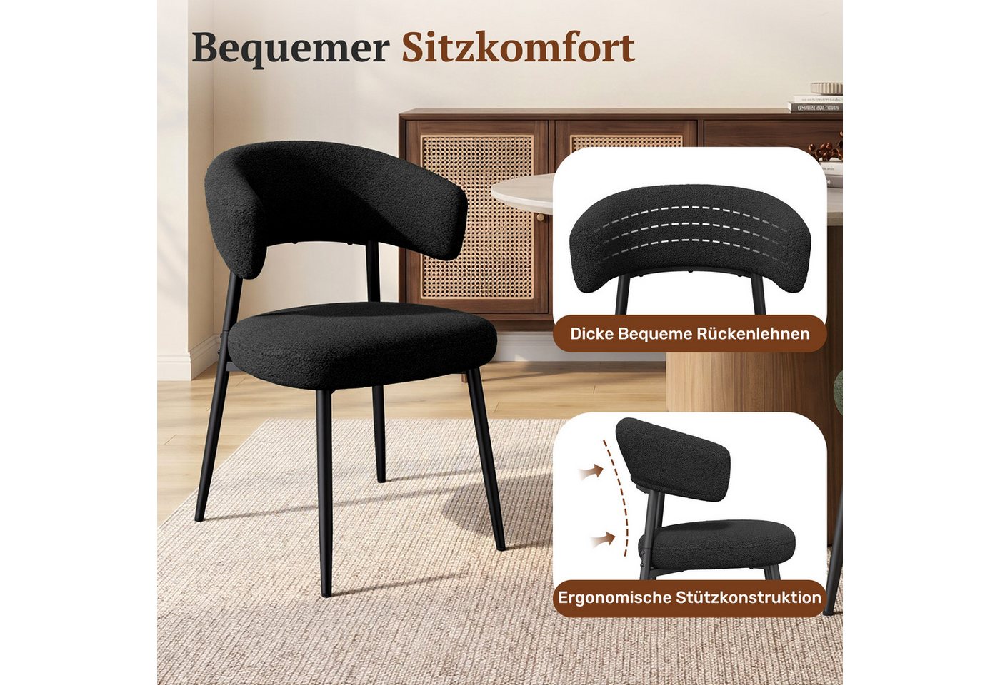 HawthyHome Esszimmerstuhl mit Bouclé-Bezug, geschwungener Rückenlehne & Metallbeinen, 2er Set (4 St), Ergonomisches Design, Bodenschutz & Standsicherheit – Bild 5 von 5