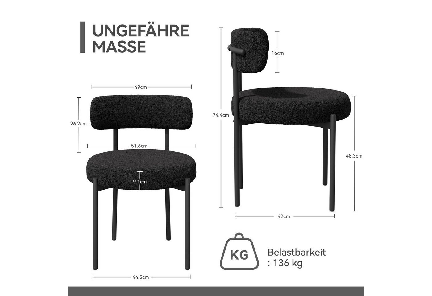 HawthyHome Esszimmerstuhl Runder Polsterstuhl mit Metallgestell, Wohnzimmerstuhl, Küchenstuhl (4 St), 4er Set – Bild 3 von 5