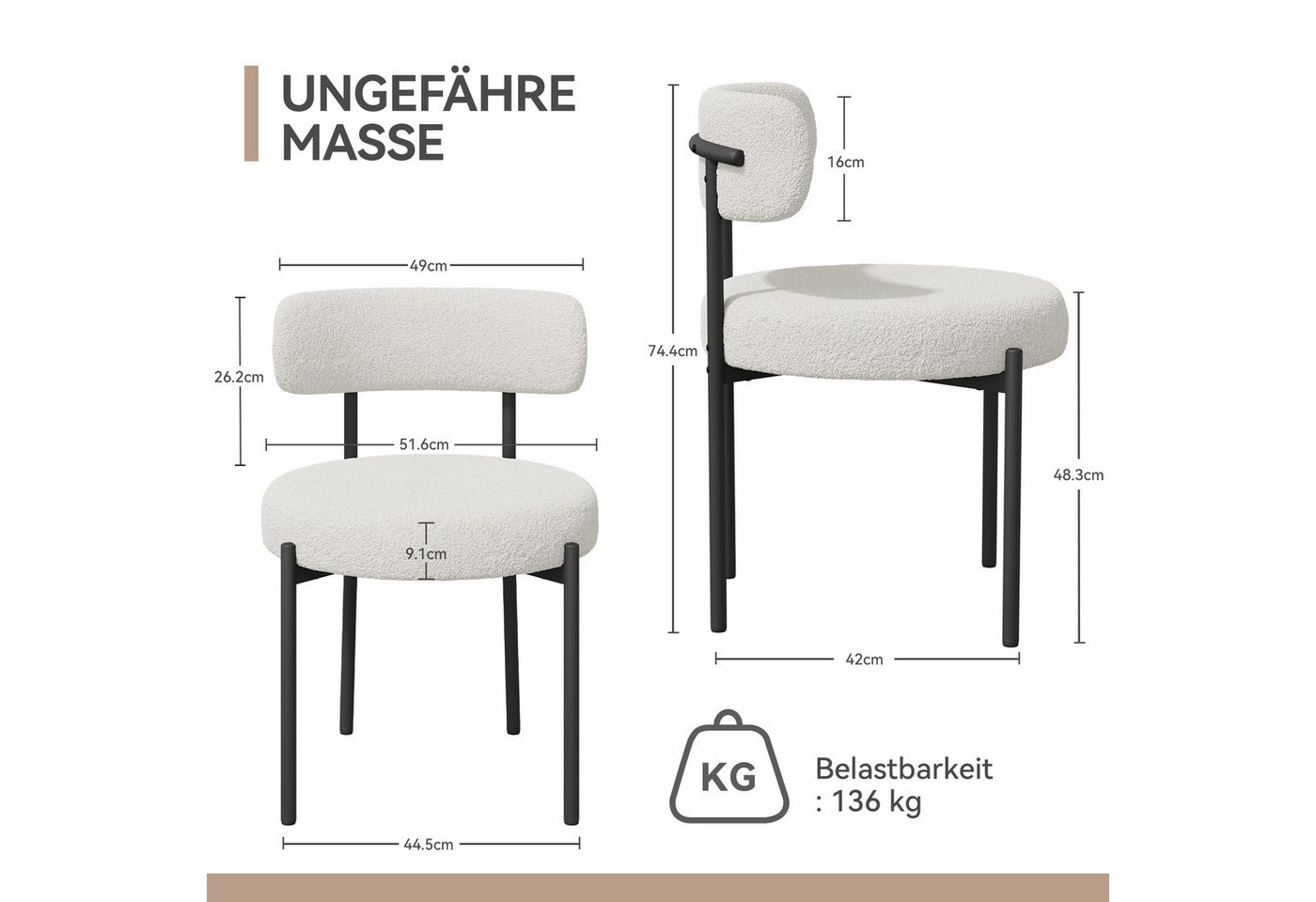HawthyHome Esszimmerstuhl Runder Polsterstuhl mit Metallgestell, Wohnzimmerstuhl, Küchenstuhl (4 St), 4er Set – Bild 3 von 5