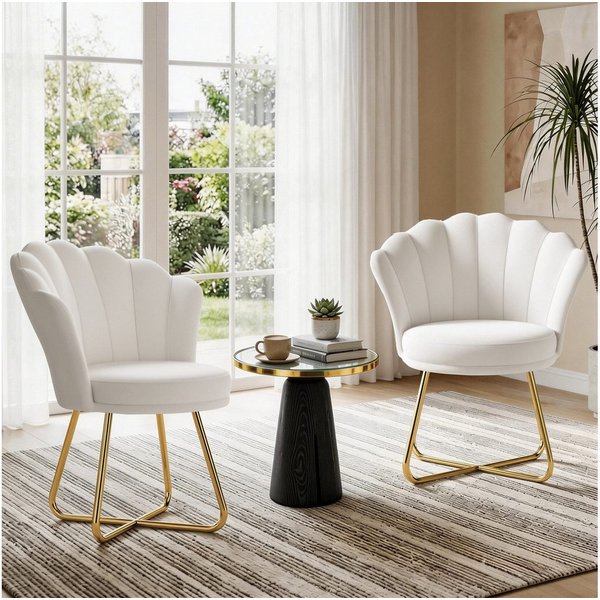 HawthyHome Polsterstuhl Polstersessel mit Blütenblatt-Rückenlehne & Goldene Metallbeine (2 St), ideal für Esszimmer & Schminktisch